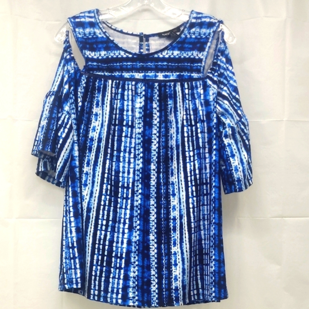 Short Sleeve Tunic Top Cold Shoulder Bell Blue White Boho Scoop Neck
